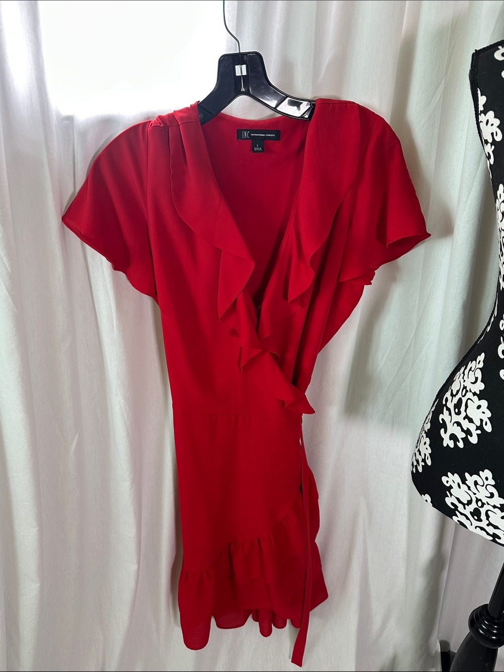 INC International Concepts Bright Red Ruffle Wrap Mini Dress